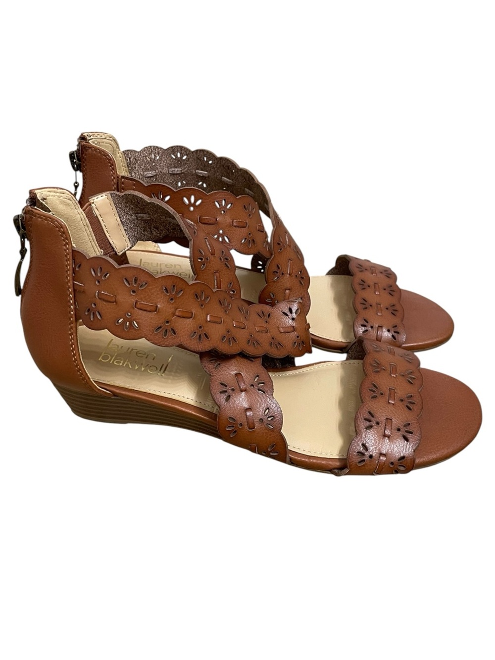 Lauren Blakwell Blythe Brown Laser Cut Wedge Sandals Women’s Size 7